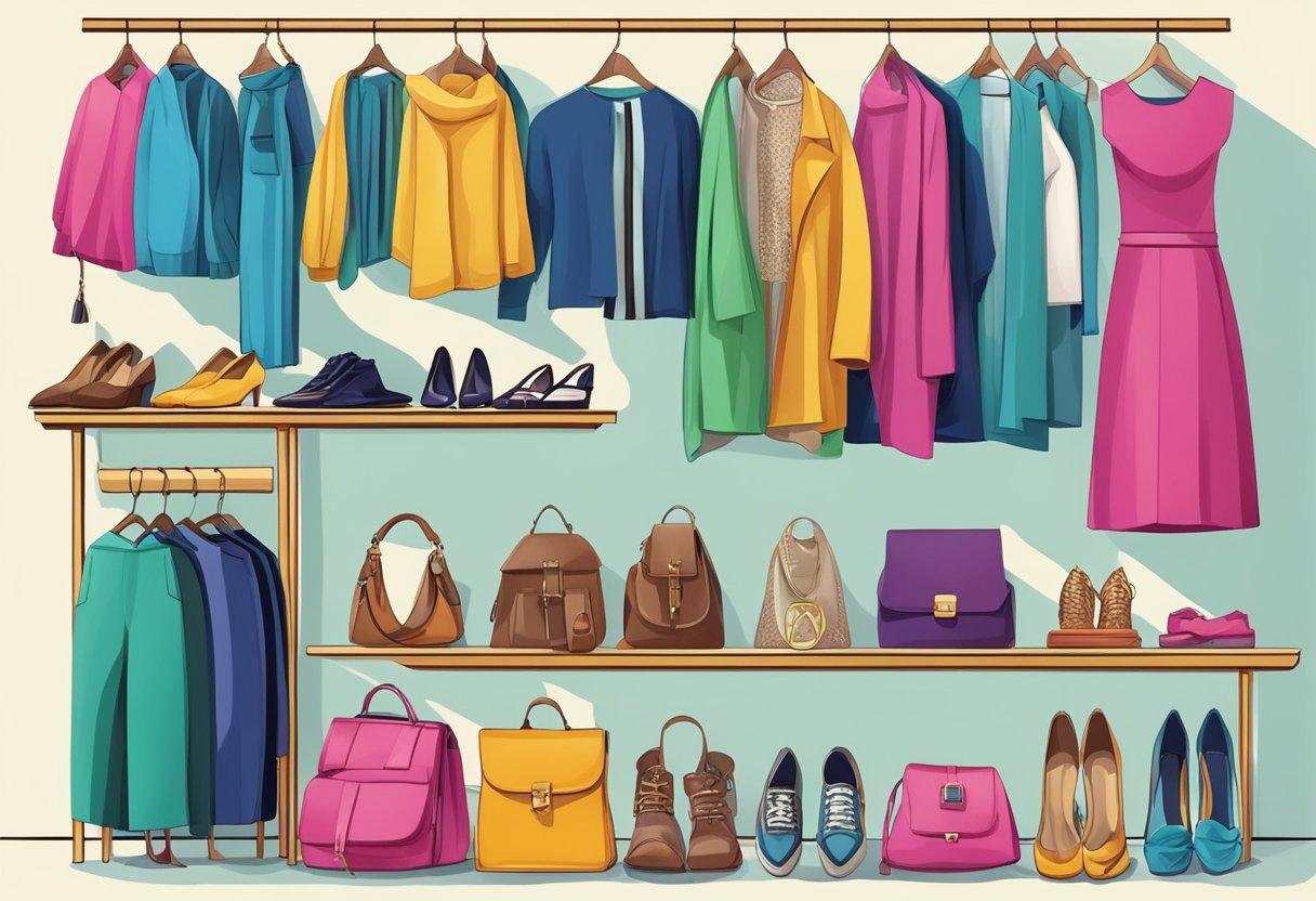 A colorful array of clothing items arranged in a visually appealing manner, with various accessories and shoes displayed alongside them