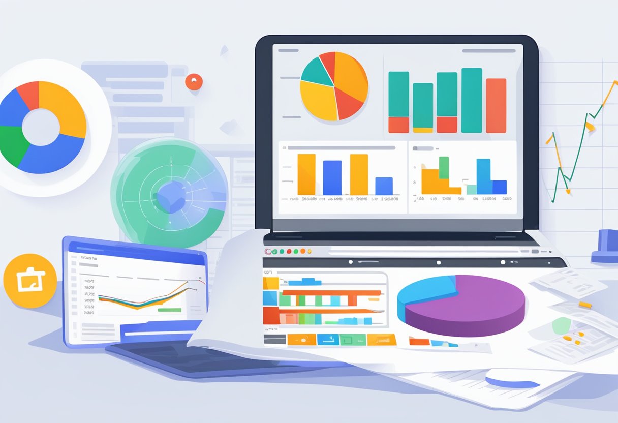 A laptop displaying Google Ads dashboard with CPA data and a graph showing a decreasing trend