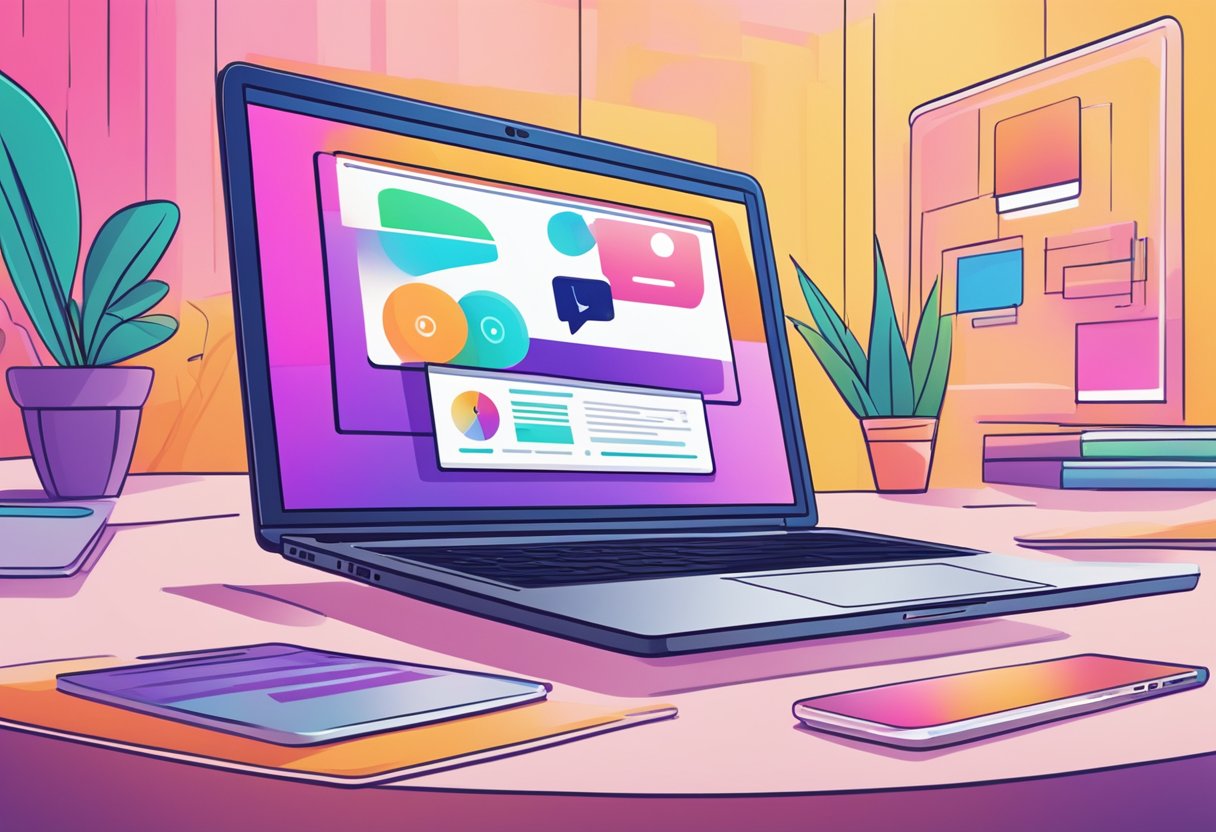 A laptop displaying a dynamic webinar ad on a vibrant Facebook feed with engaging visuals and captivating content