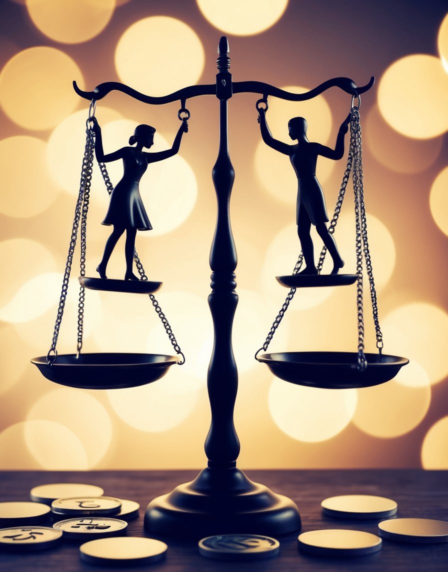 Two figures balancing on a scale, surrounded by symbols of love and partnership