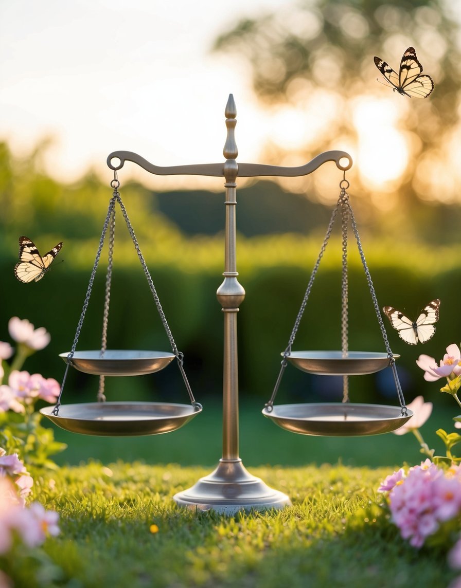 Quíron em Balança: um jardim sereno com balanças equilibradas, rodeado por flores a desabrochar e borboletas suaves, simbolizando o crescimento espiritual e a harmonia