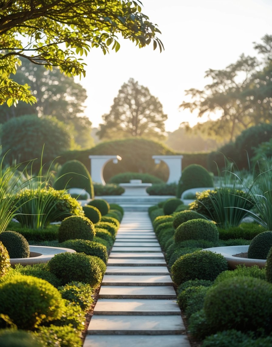 Um jardim sereno com elementos equilibrados e simétricos e linhas fluidas e tranquilas, banhado por uma luz suave e harmoniosa