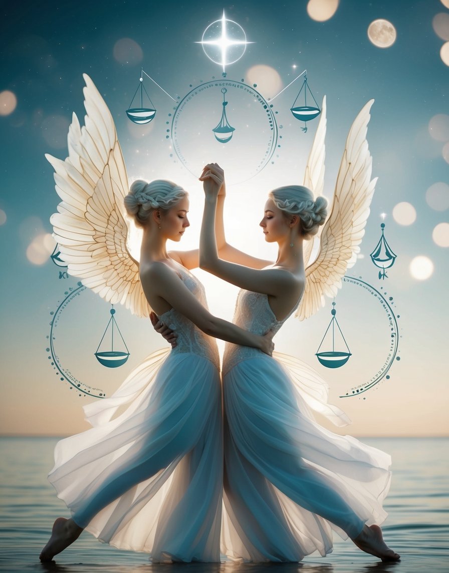 Two ethereal figures entwined in a delicate dance, surrounded by a harmonious balance of scales and celestial symbols