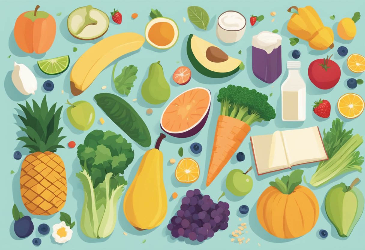 A colorful array of fruits, vegetables, grains, and dairy products arranged on a table, with a book titled "Eat Well, Feel Great: A Beginner's Guide to Nutrition" placed next to them