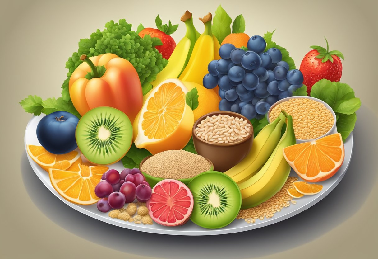 A colorful plate with a variety of fruits, vegetables, whole grains, and lean proteins arranged in a balanced and appealing manner