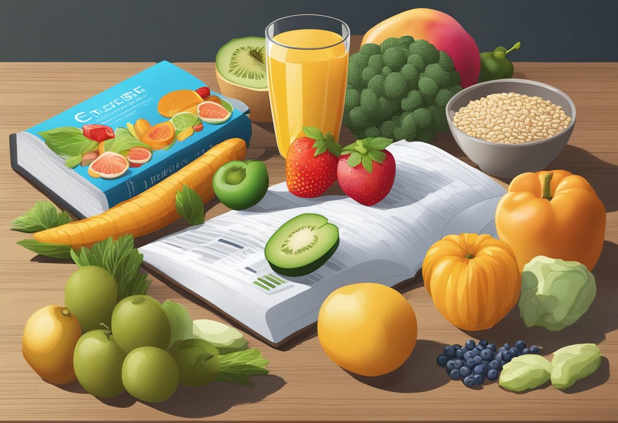 A colorful array of fruits, vegetables, grains, and lean proteins arranged on a table, with a glass of water and a nutrition guide book nearby