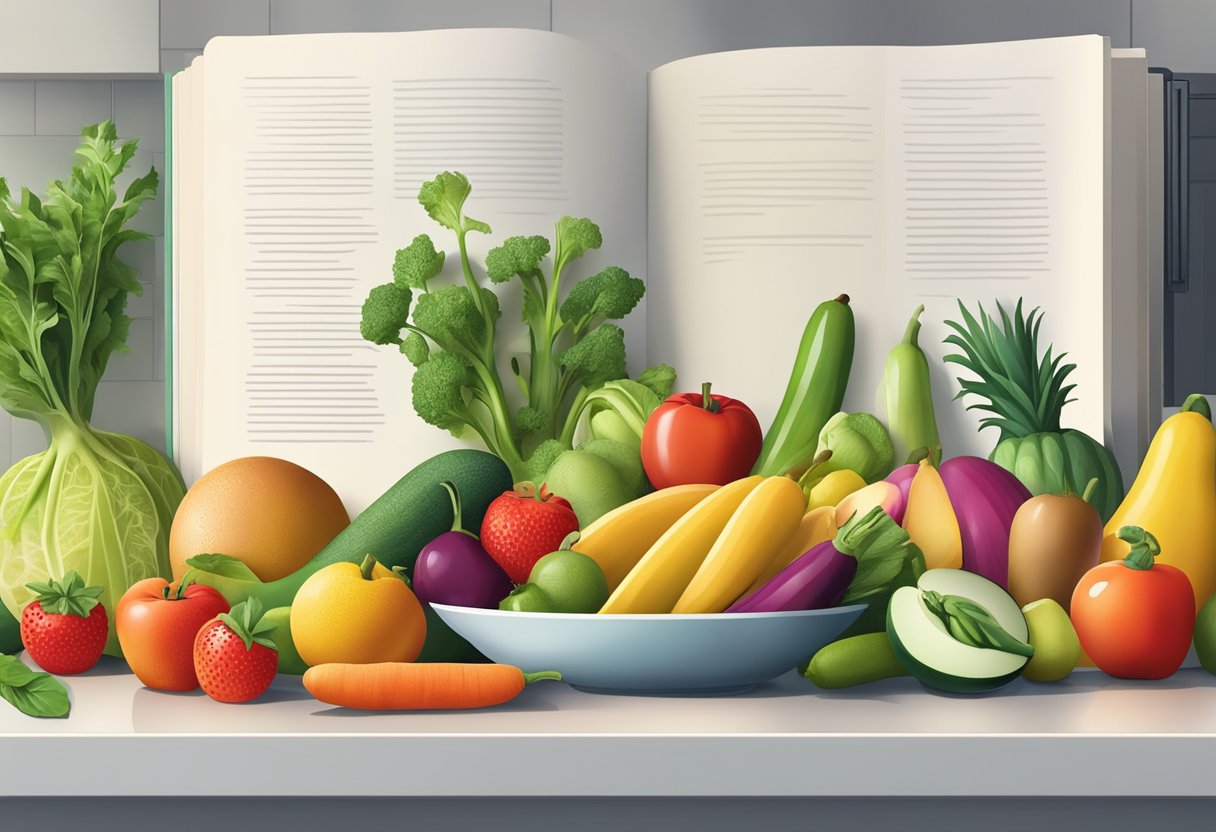 A colorful array of fresh fruits and vegetables arranged on a kitchen counter, with a cookbook open to a page on healthy eating