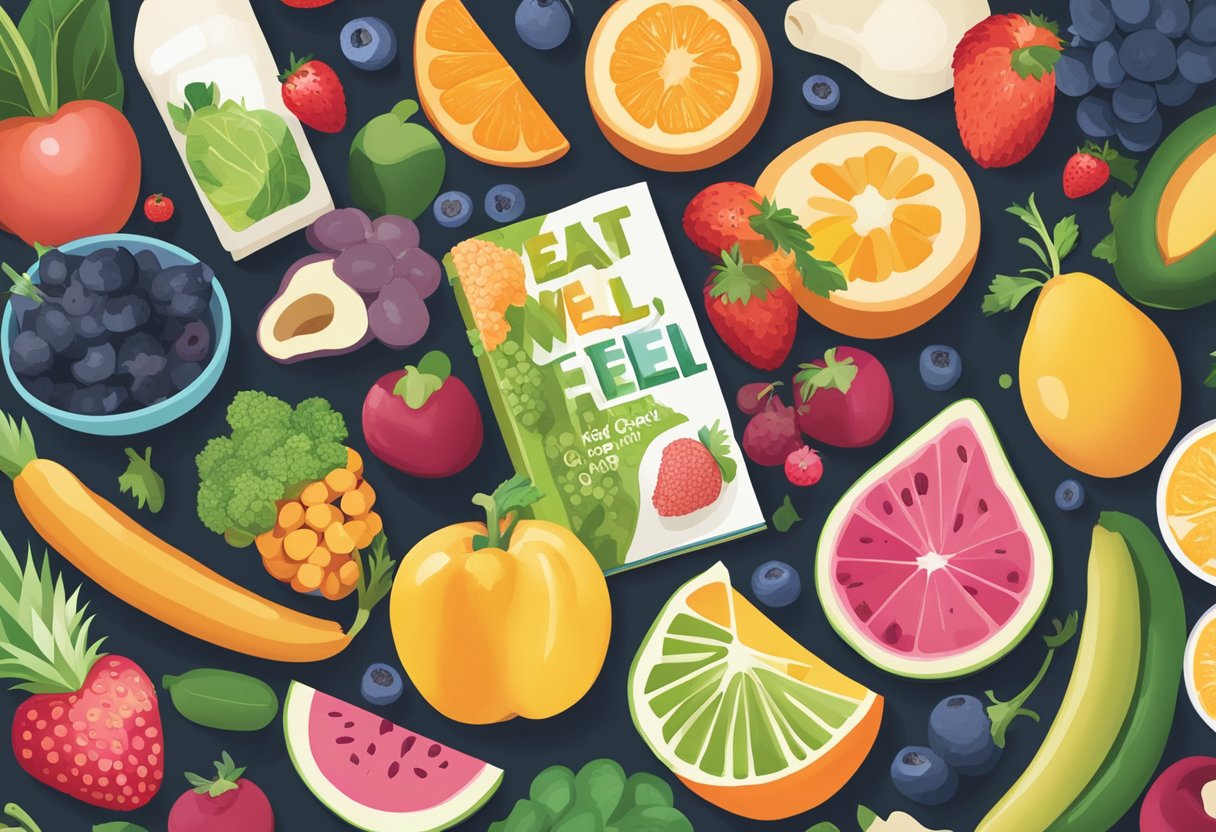 A colorful array of fruits, vegetables, grains, and dairy arranged on a table, with a book titled "Eat Well, Feel Great: A Beginner's Guide to Nutrition" placed next to them