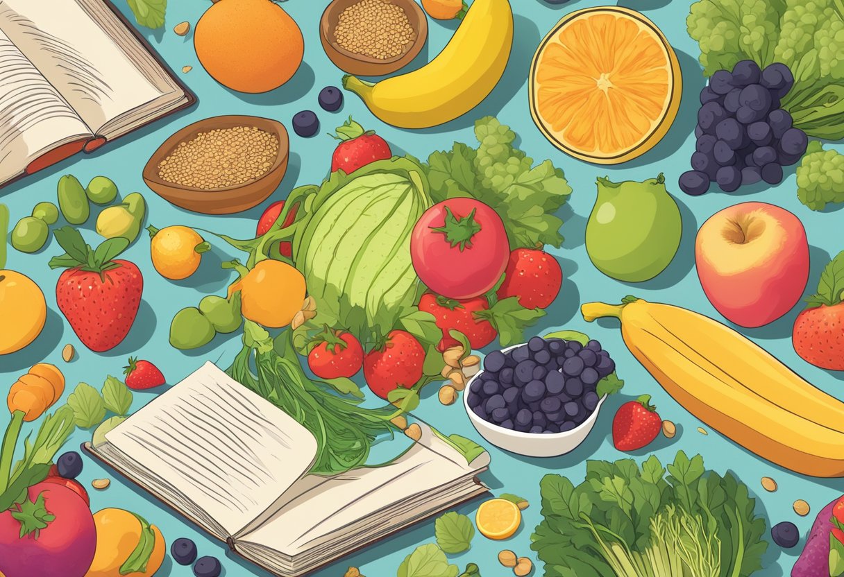 A colorful table filled with a variety of fresh fruits, vegetables, whole grains, and lean proteins, surrounded by a book titled "Eat Well, Feel Great: A Beginner's Guide to Nutrition."