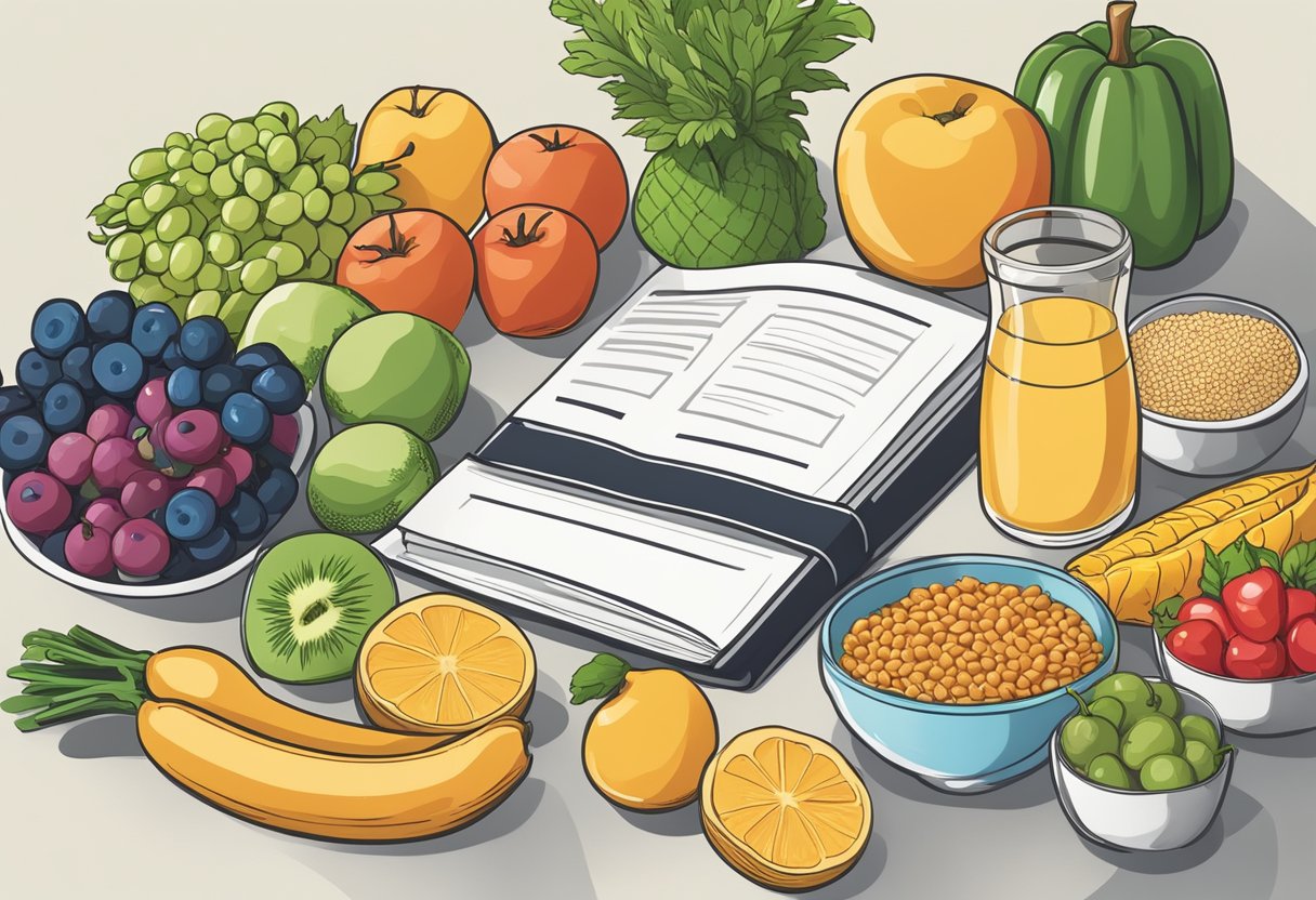 A colorful array of fruits, vegetables, grains, and protein sources arranged on a table, with a glass of water and a nutrition guide book nearby