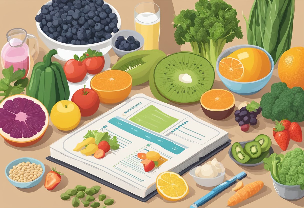 A colorful array of fresh fruits, vegetables, grains, and lean proteins arranged on a table, with a glass of water and a nutrition guide book nearby