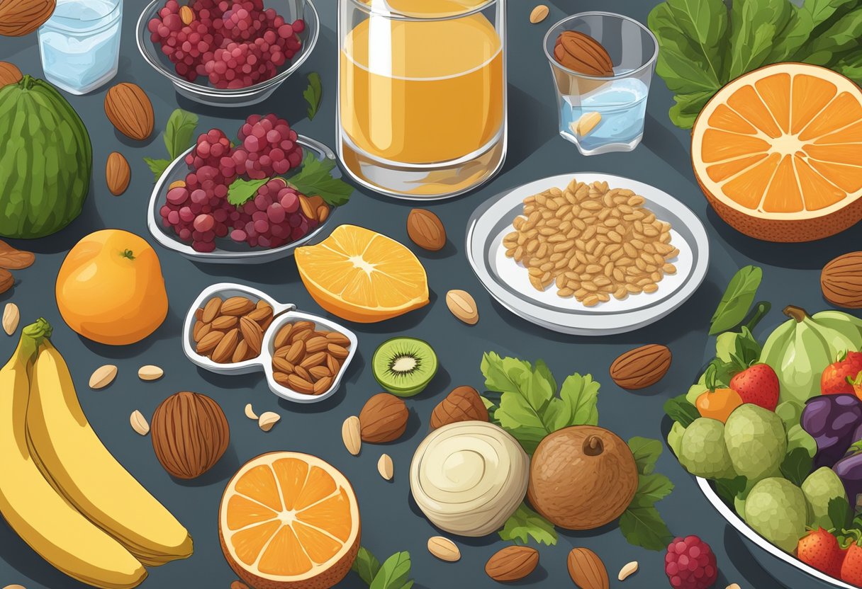 A colorful array of fruits, vegetables, whole grains, and lean proteins spread across a table, with a glass of water and a measuring cup of nuts