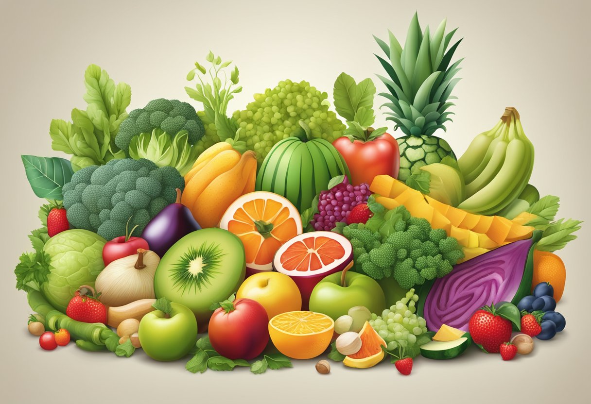 A colorful array of fruits, vegetables, grains, and proteins arranged in a balanced and visually appealing composition