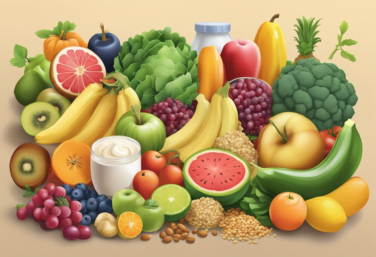 A colorful array of fruits, vegetables, grains, and proteins arranged on a table, with a variety of healthy food items and a nutrition guide book