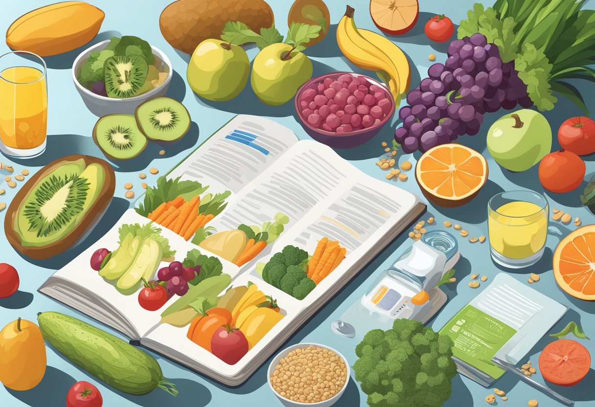 A colorful and varied array of fresh fruits, vegetables, grains, and lean proteins arranged on a table, with a glass of water and a nutrition guide book nearby