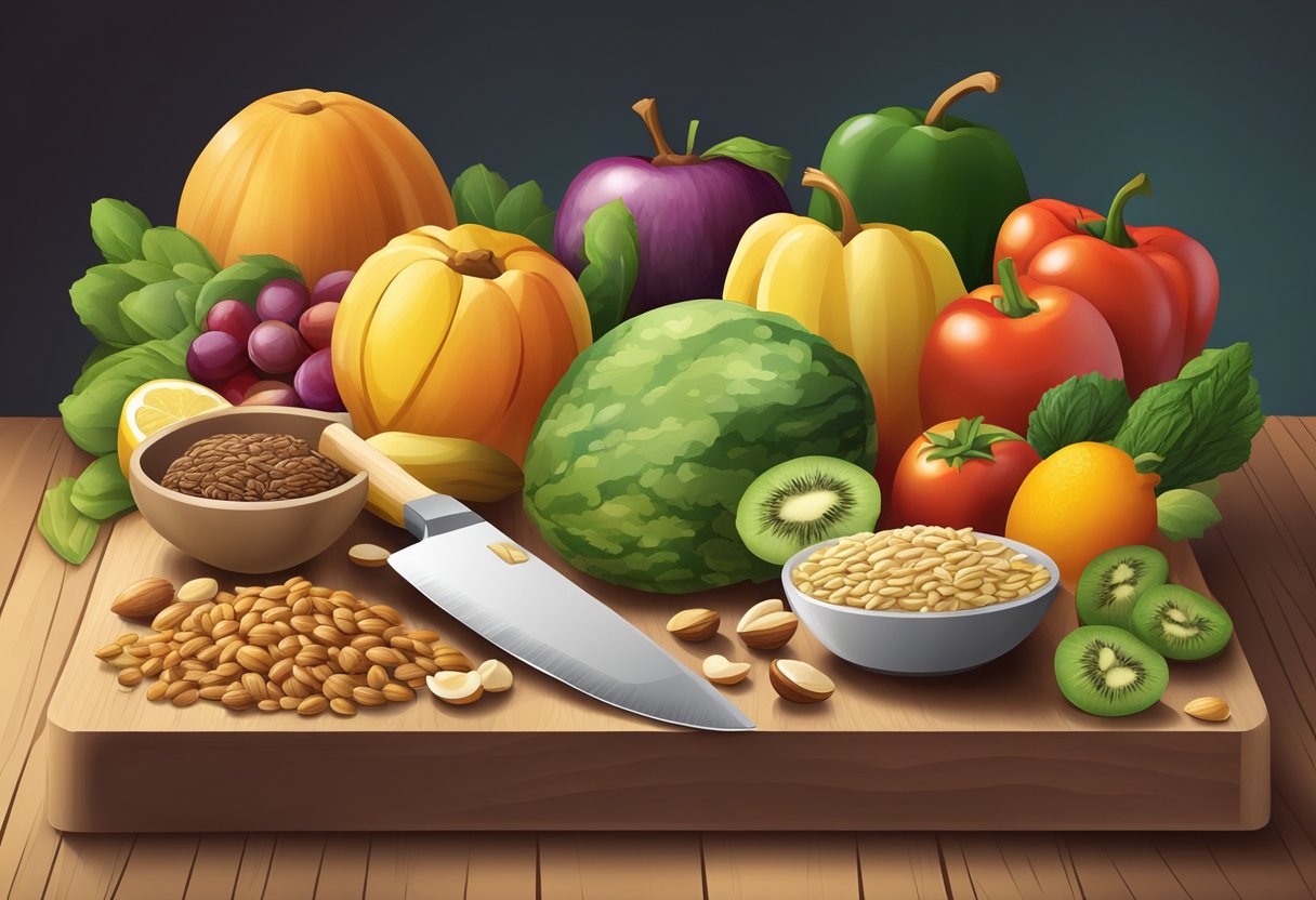 A colorful array of fresh fruits, vegetables, and grains arranged on a wooden cutting board, with a chef's knife and a bowl of mixed nuts nearby