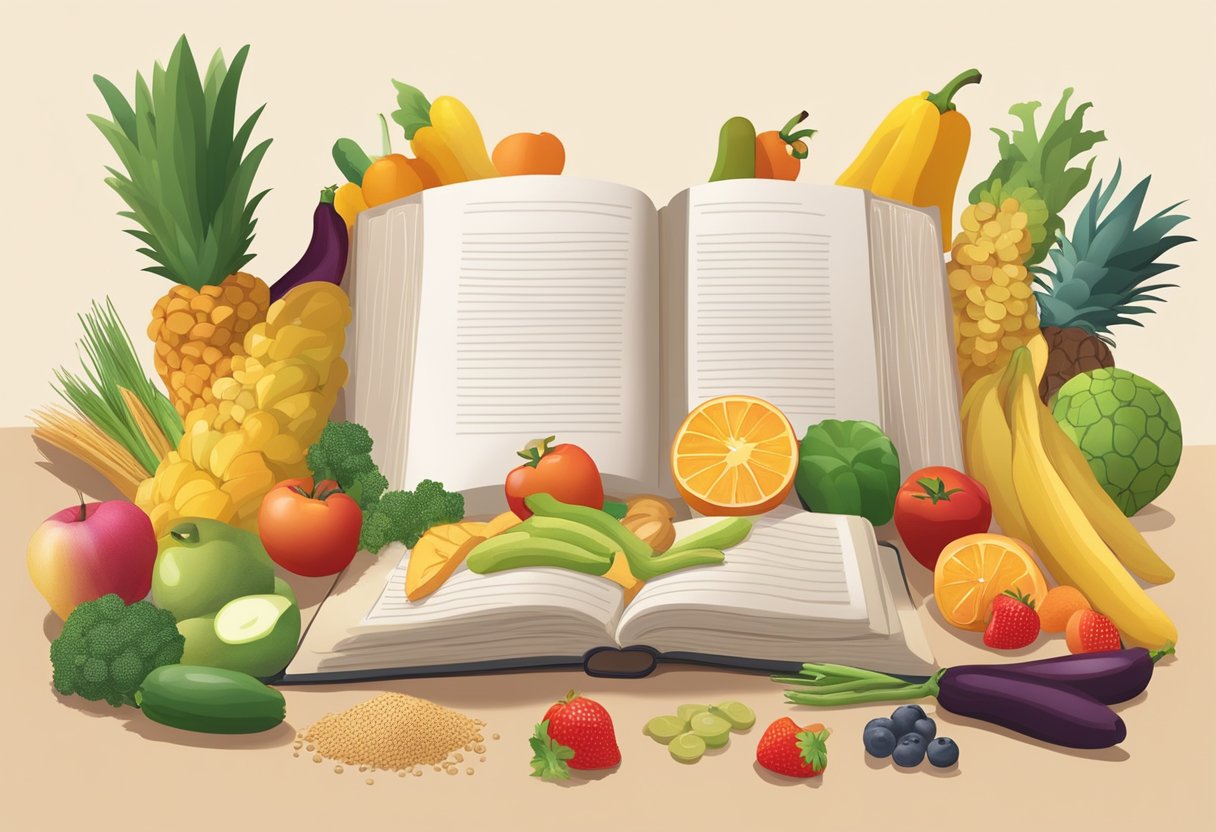 A colorful array of fresh fruits, vegetables, and whole grains arranged on a kitchen counter, with a cookbook open to a page of nutritious recipes