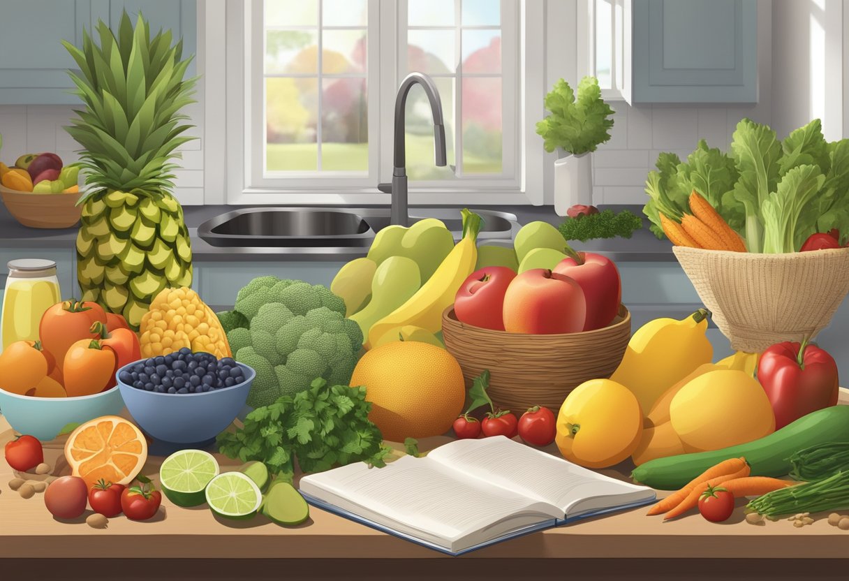 A colorful array of fresh fruits, vegetables, and whole grains arranged on a kitchen counter, with a cookbook open to a recipe for a nutritious meal