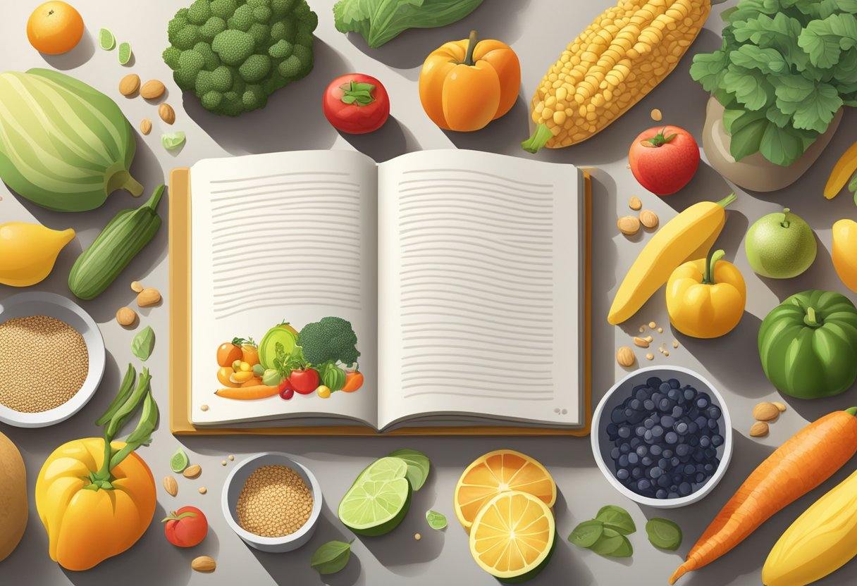 A colorful array of fresh fruits, vegetables, and whole grains arranged on a kitchen counter, with a cookbook open to a recipe page in the background