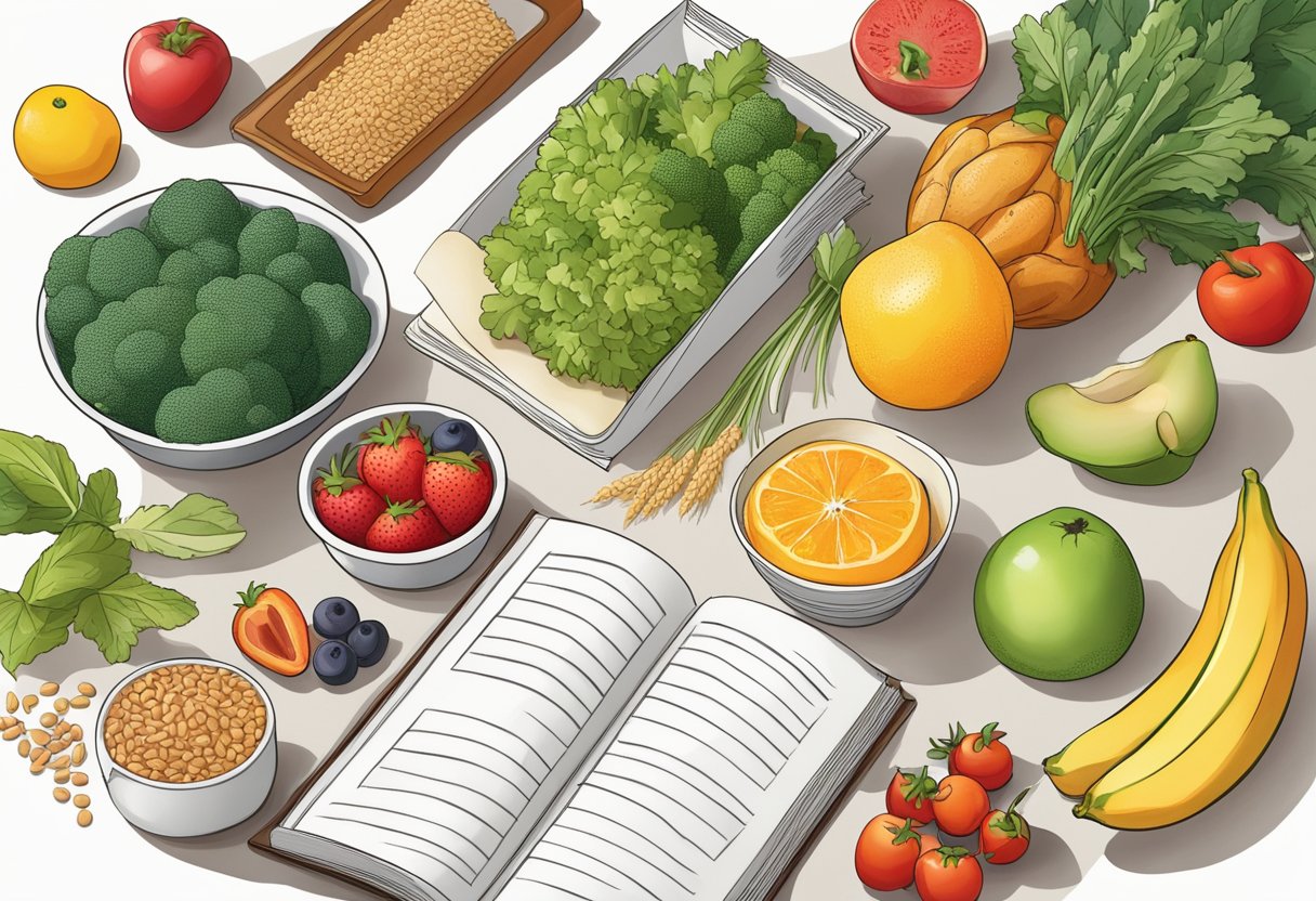 A colorful array of fresh fruits, vegetables, whole grains, and lean proteins arranged on a table, with a cookbook open to a page of healthy recipes