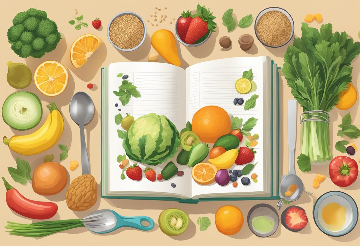 A colorful table filled with fresh fruits, vegetables, and whole grains. A cookbook open to a healthy recipe, surrounded by measuring cups and spoons