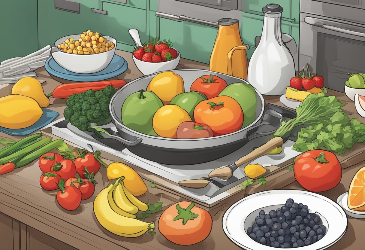 A colorful kitchen counter with fresh fruits, vegetables, and a variety of cooking utensils scattered around. A cookbook titled "Healthy Eating Made Easy" is open to a recipe page