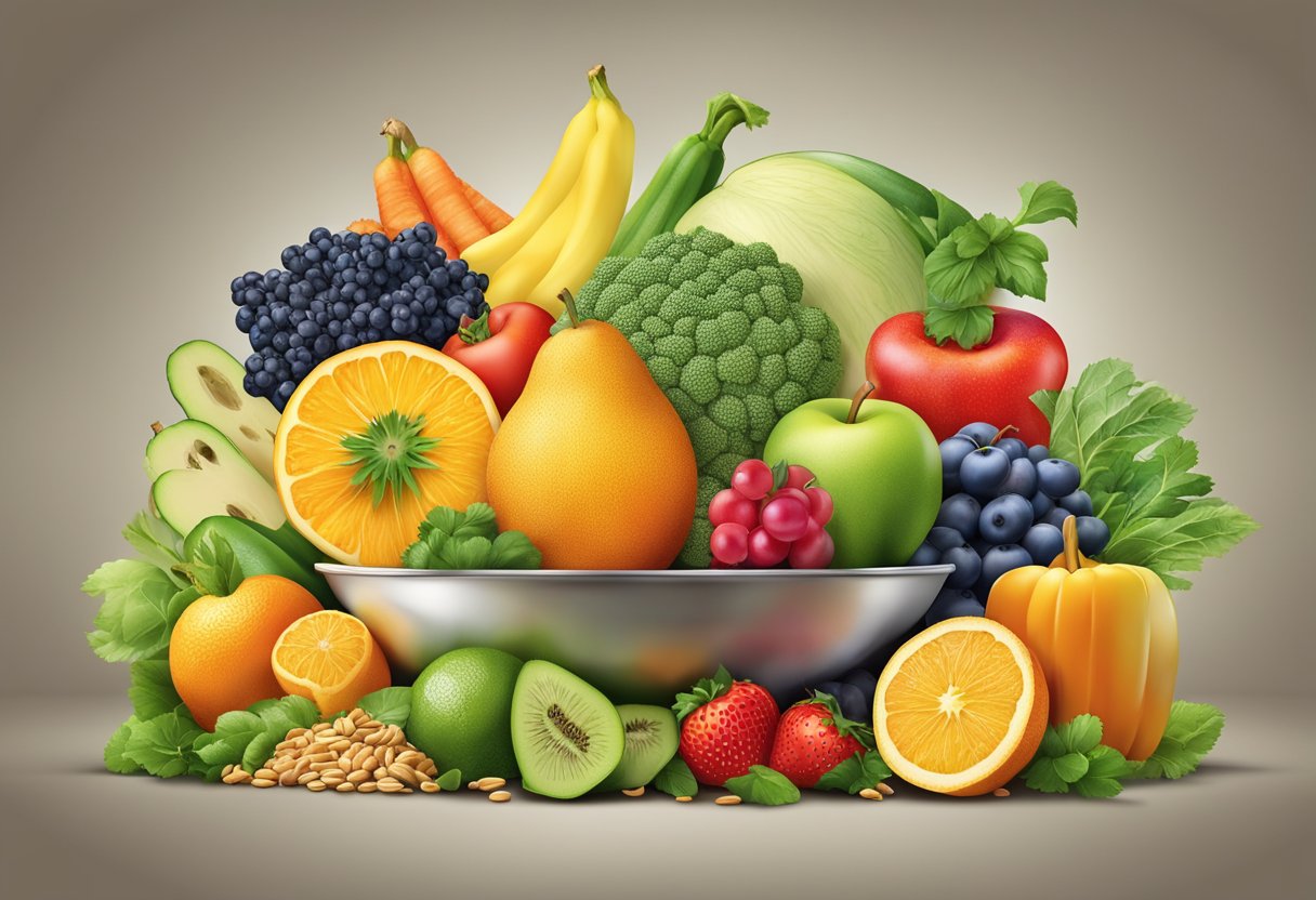 A colorful array of fruits, vegetables, grains, and proteins arranged in a balanced and appealing composition