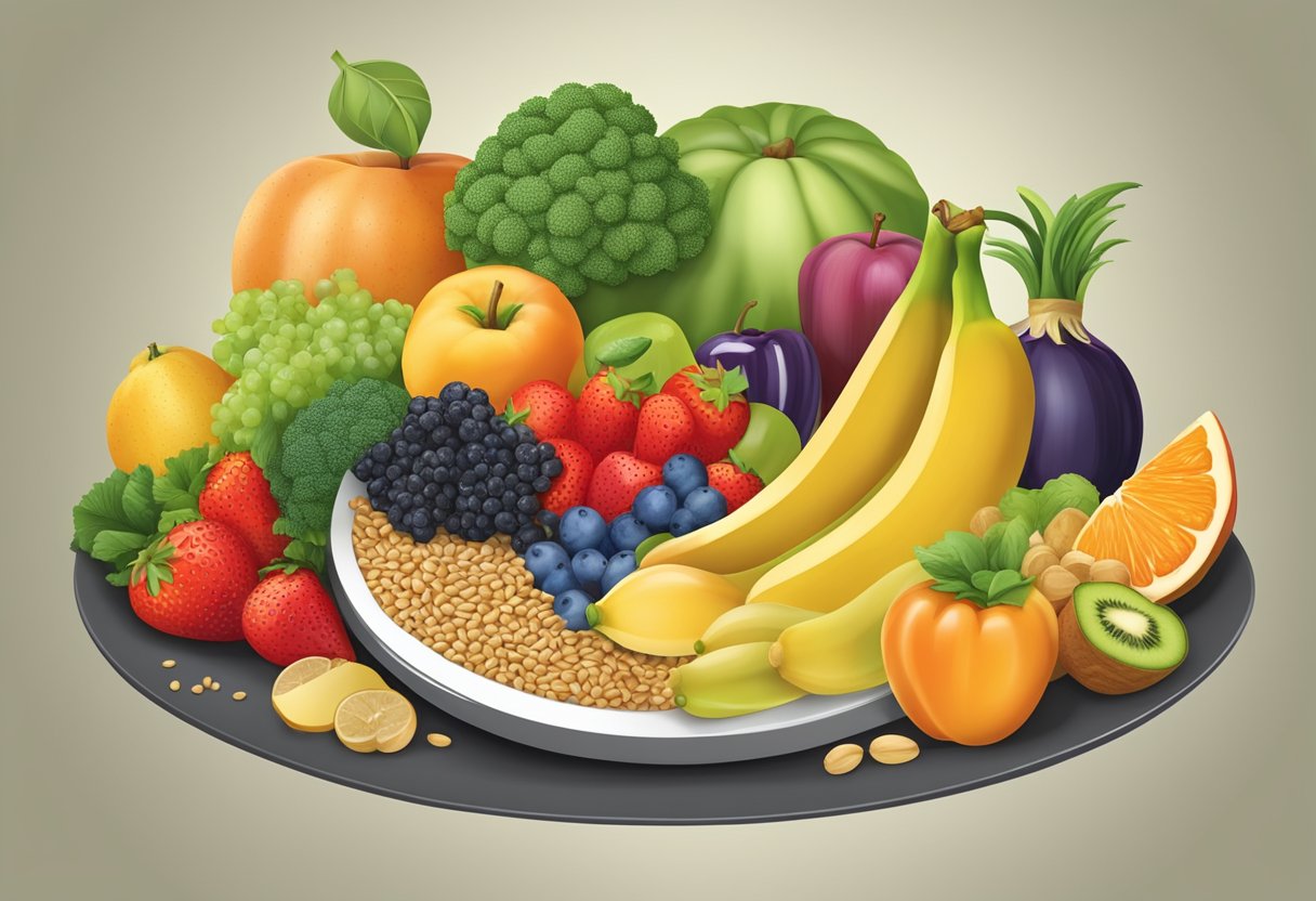 A colorful array of fruits, vegetables, grains, and protein sources arranged on a plate, showcasing a balanced and nutritious meal