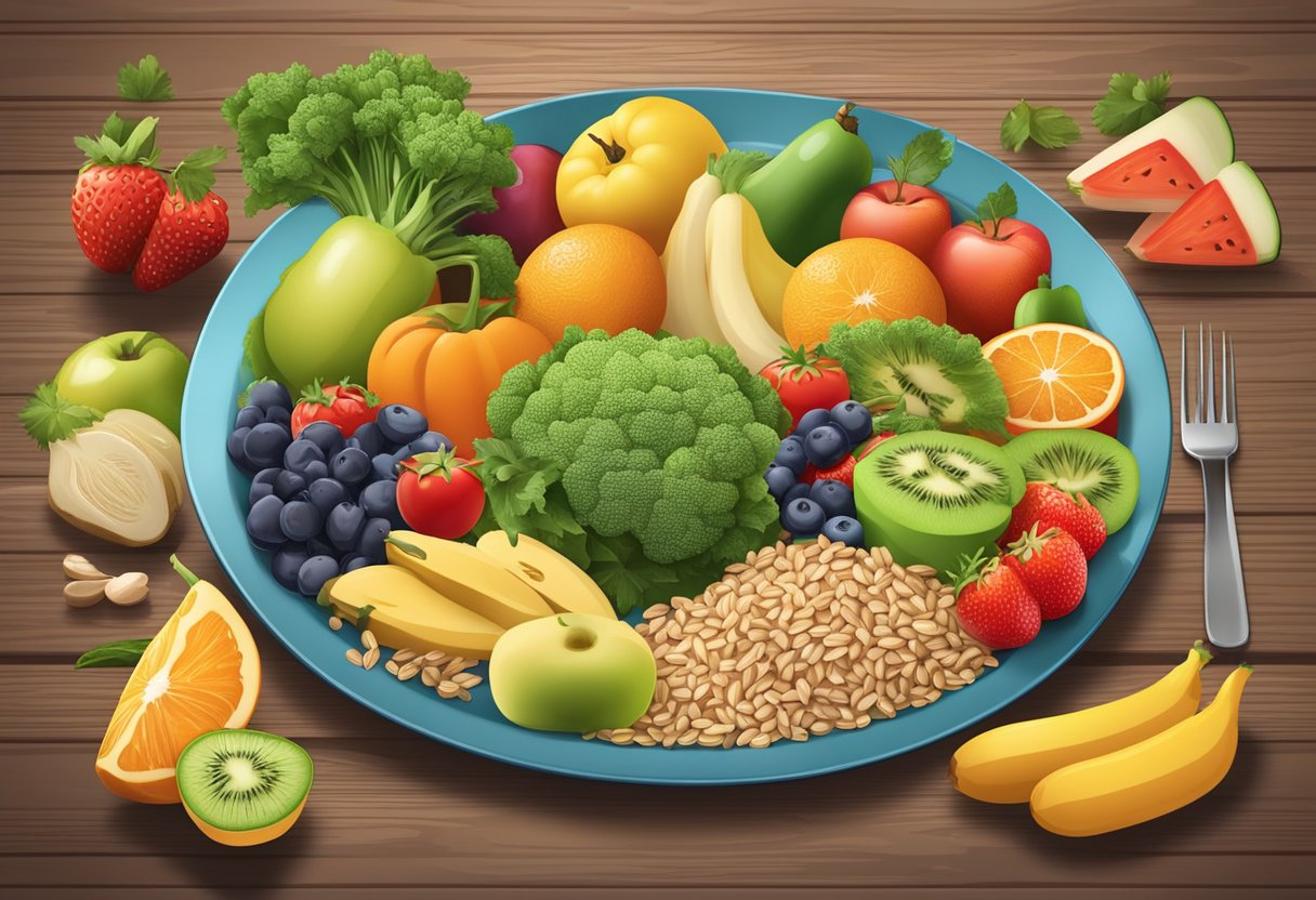 A colorful plate filled with a variety of fruits, vegetables, whole grains, and lean proteins, surrounded by icons representing different food groups