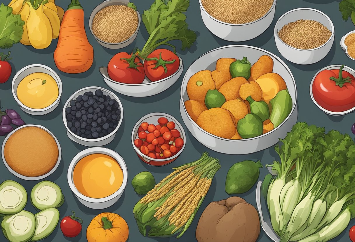 A colorful array of fresh vegetables, fruits, and whole grains spread out on a kitchen counter, with pots and pans ready for cooking