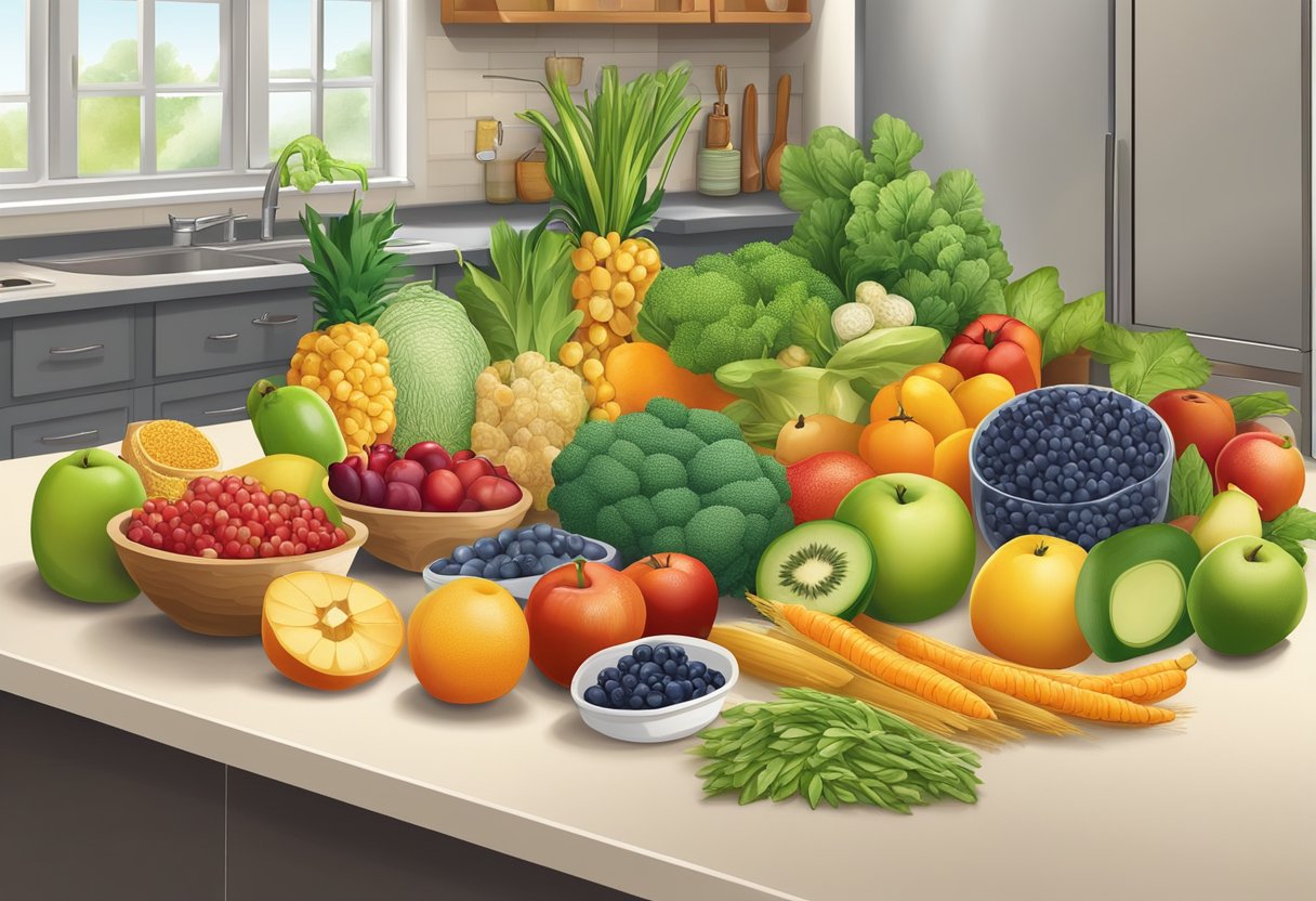 A colorful array of fresh fruits, vegetables, and whole grains spread out on a kitchen counter, ready to be used in nutritious recipes