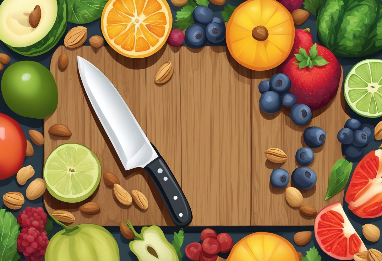 A colorful array of fresh fruits and vegetables arranged on a wooden cutting board, with a chef's knife and a bowl of mixed nuts nearby