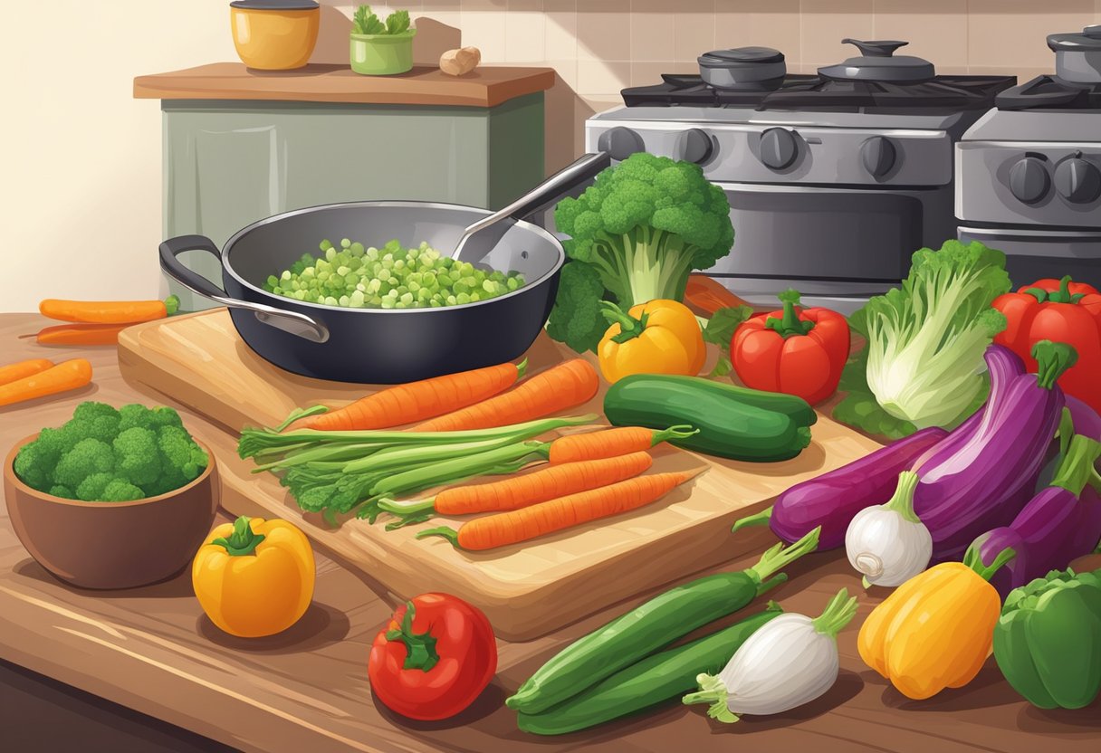 A colorful array of fresh vegetables being chopped and arranged on a cutting board, with a steaming pot on the stove in the background