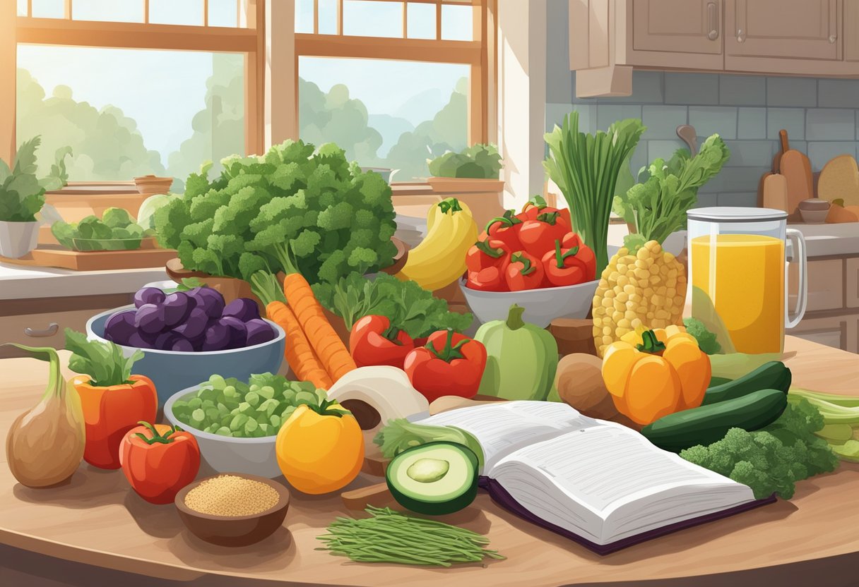 A colorful array of fresh vegetables, fruits, and whole grains arranged on a kitchen counter, with a cookbook open to a page of nutritious recipes