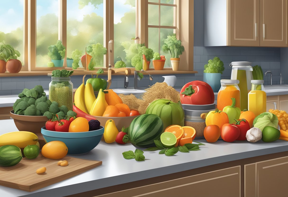 A colorful array of fresh fruits, vegetables, and whole grains arranged on a kitchen counter, with pots and pans in the background