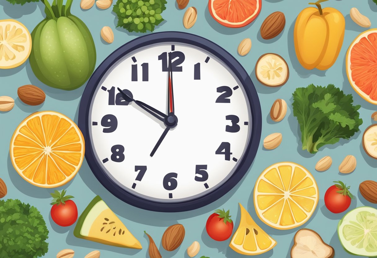 A table set with colorful fruits, vegetables, and nuts, surrounded by a clock showing different times, symbolizing intermittent fasting for brain health