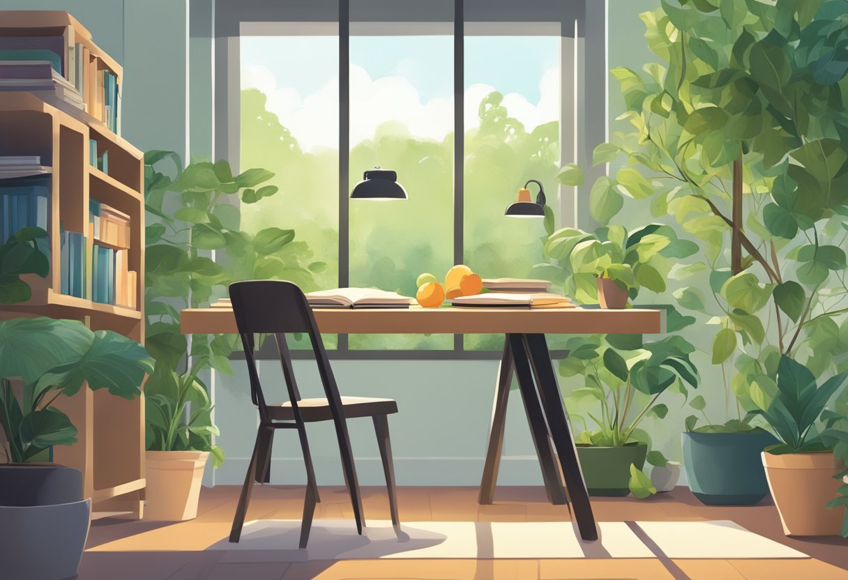 A serene, sunlit study room with a table set for a healthy meal and a stack of brain-boosting books, surrounded by lush greenery