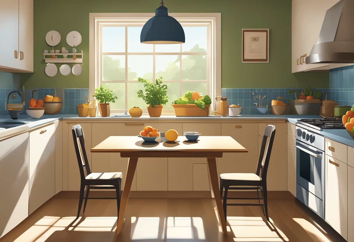 A serene, sunlit kitchen with a table set for a meal. A clock on the wall shows the time, while a plate of healthy food sits untouched