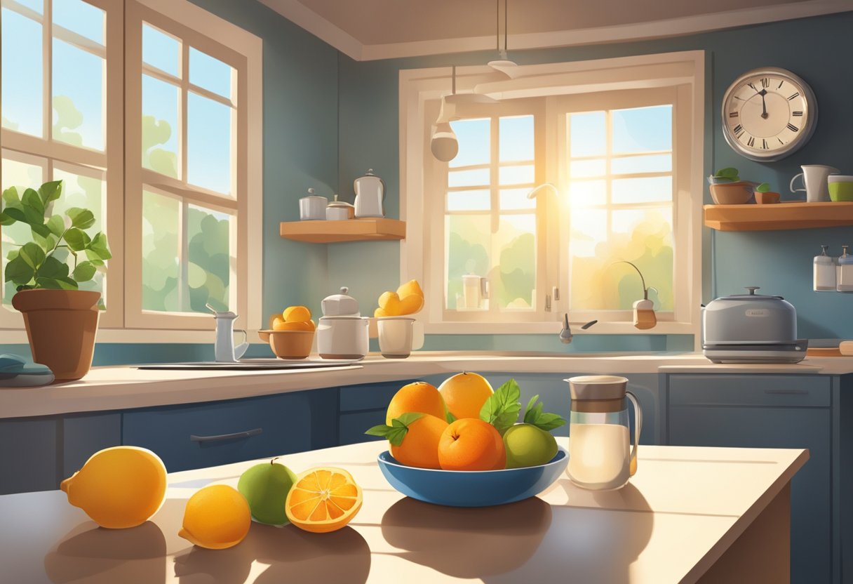 A serene, sunlit kitchen with a steaming cup of tea, fresh fruits, and a clock showing a specific time window for intermittent fasting