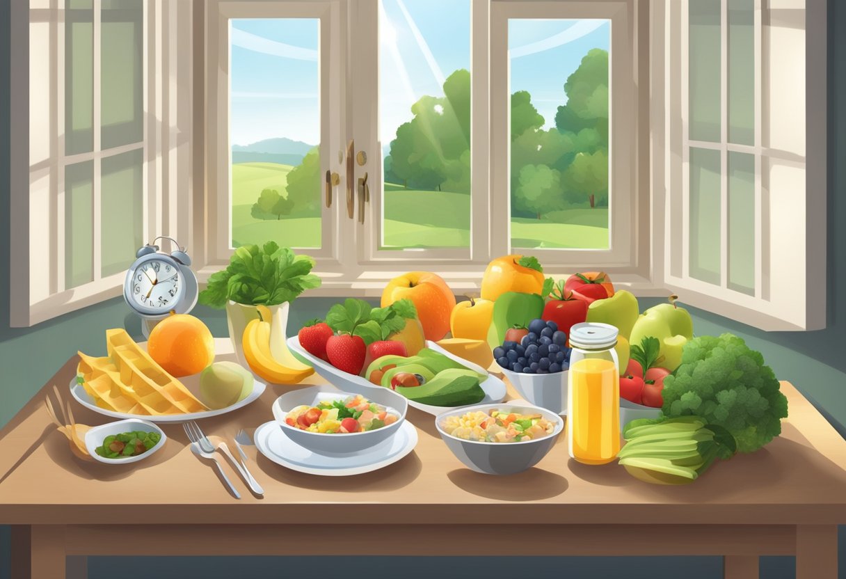 An open window with sunlight streaming in, highlighting a table set with a variety of healthy foods and a clock displaying specific times for eating and fasting