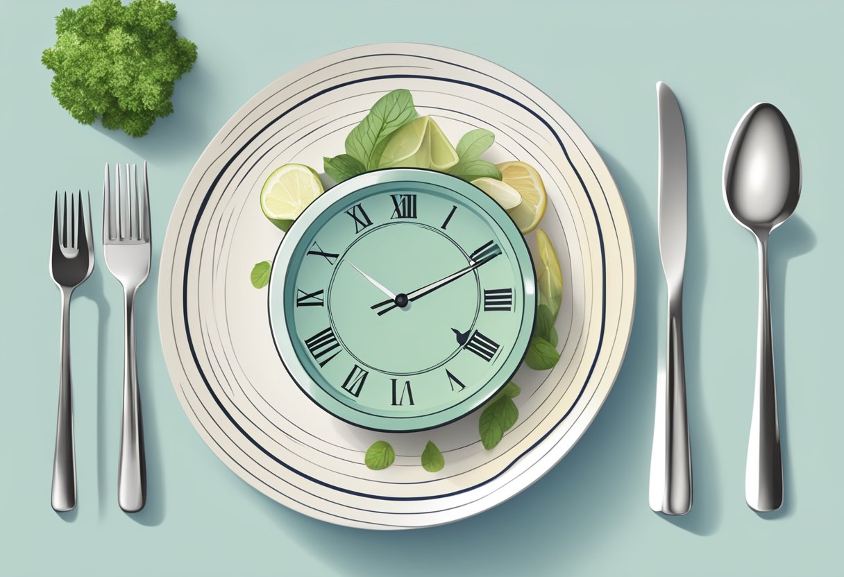 A serene table setting with a plate of food and a clock, symbolizing intermittent fasting as a sustainable approach to long-term health