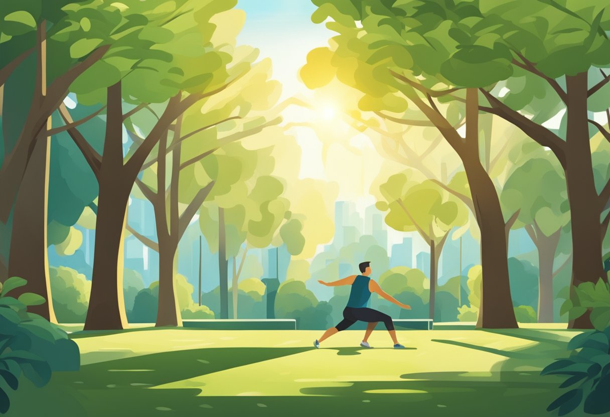 A person is doing bodyweight exercises in a park, surrounded by trees and greenery, with the sun shining down on them