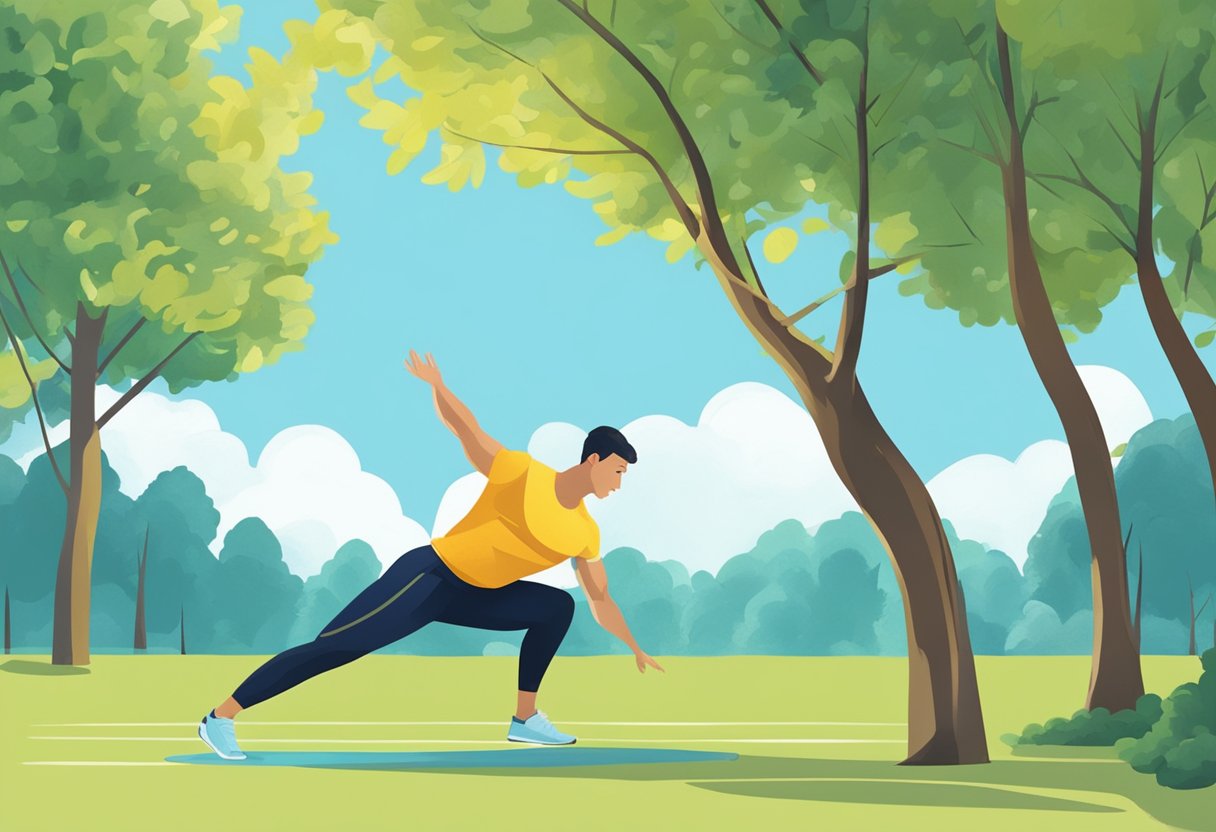 A person performing bodyweight exercises in a park, surrounded by trees and nature, with a clear blue sky in the background