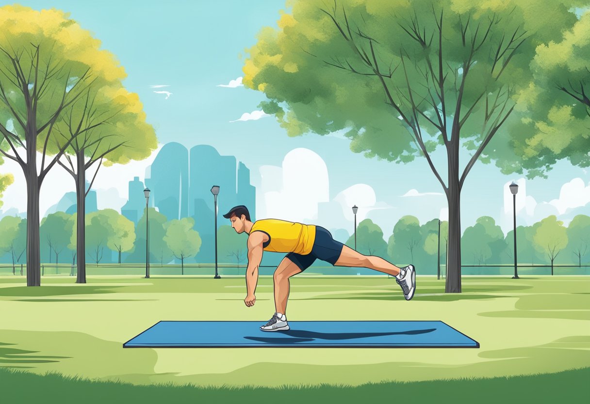 A person performing various bodyweight exercises in a park, with a backdrop of trees and a clear blue sky