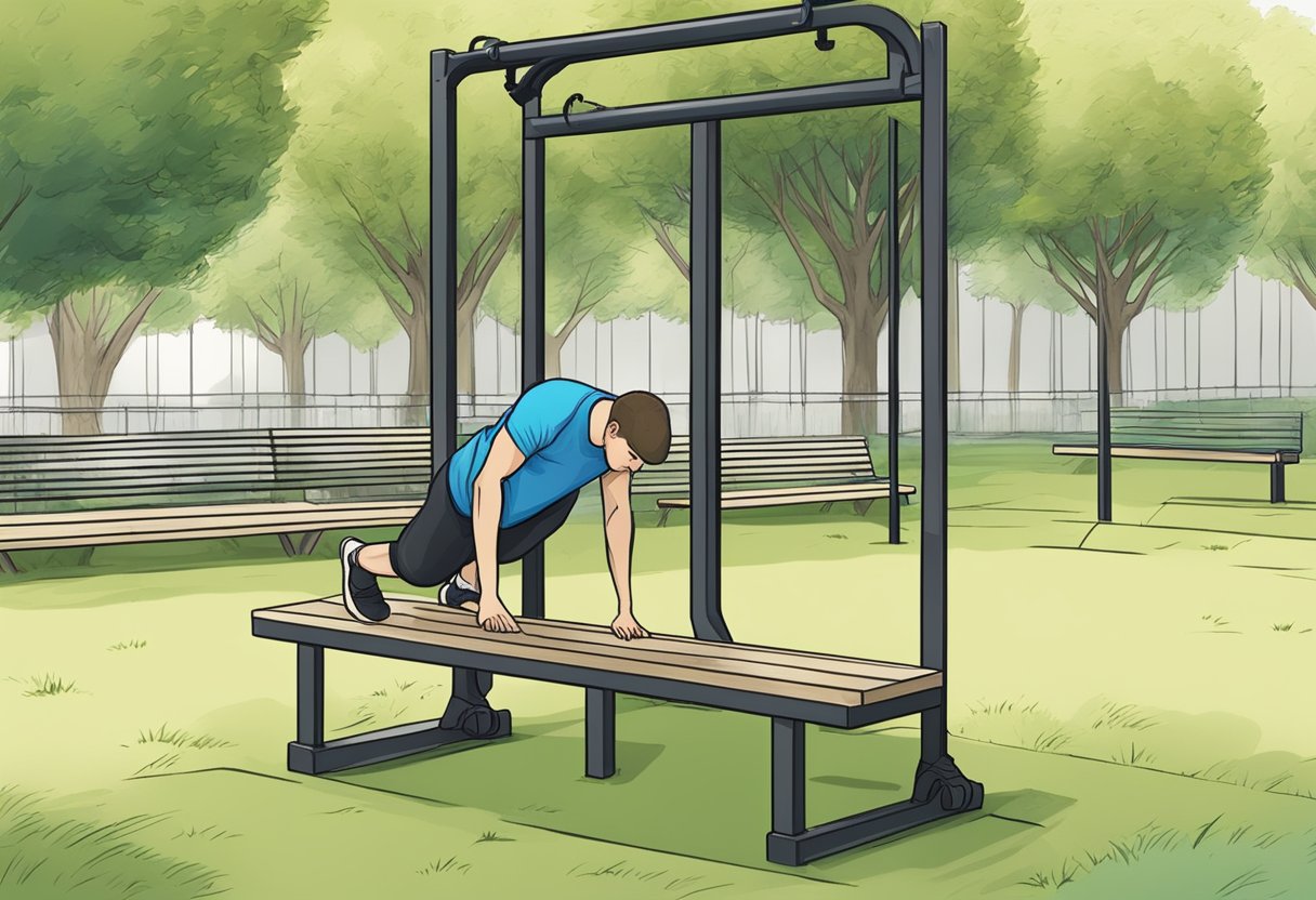 A person performing bodyweight exercises in a park, using a bench for step-ups, a tree branch for pull-ups, and the ground for push-ups and lunges