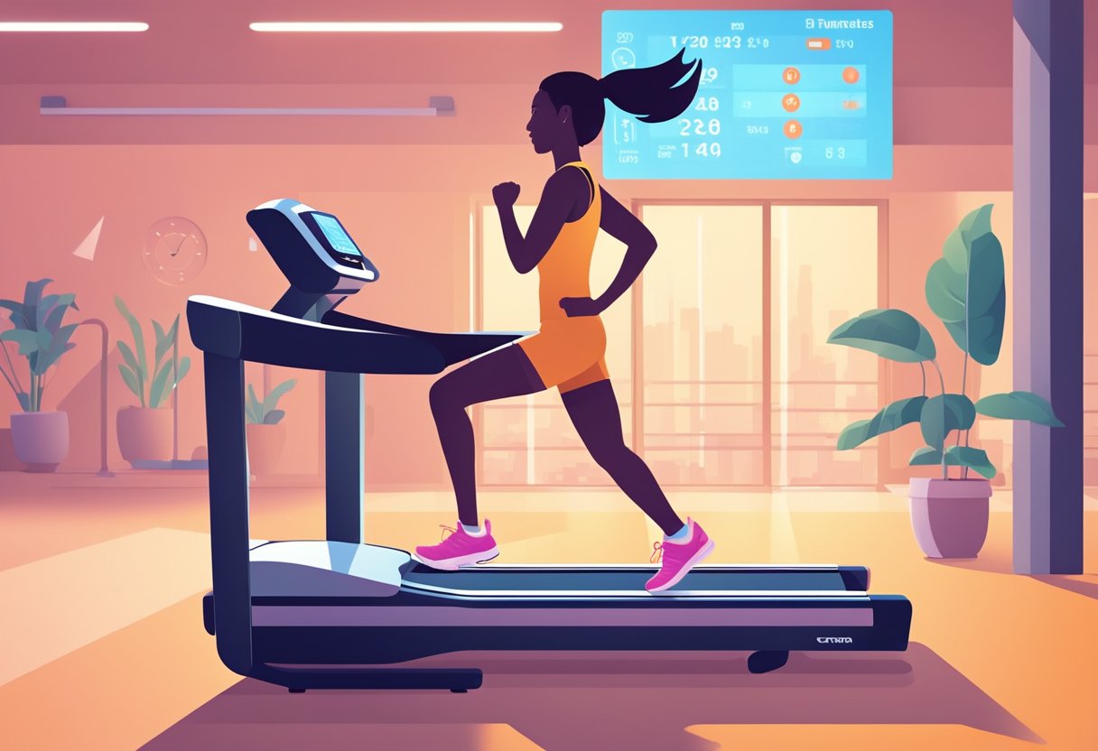 A person running on a treadmill, with a digital display showing heart rate, distance, and calories burned. The gym is brightly lit with exercise equipment in the background