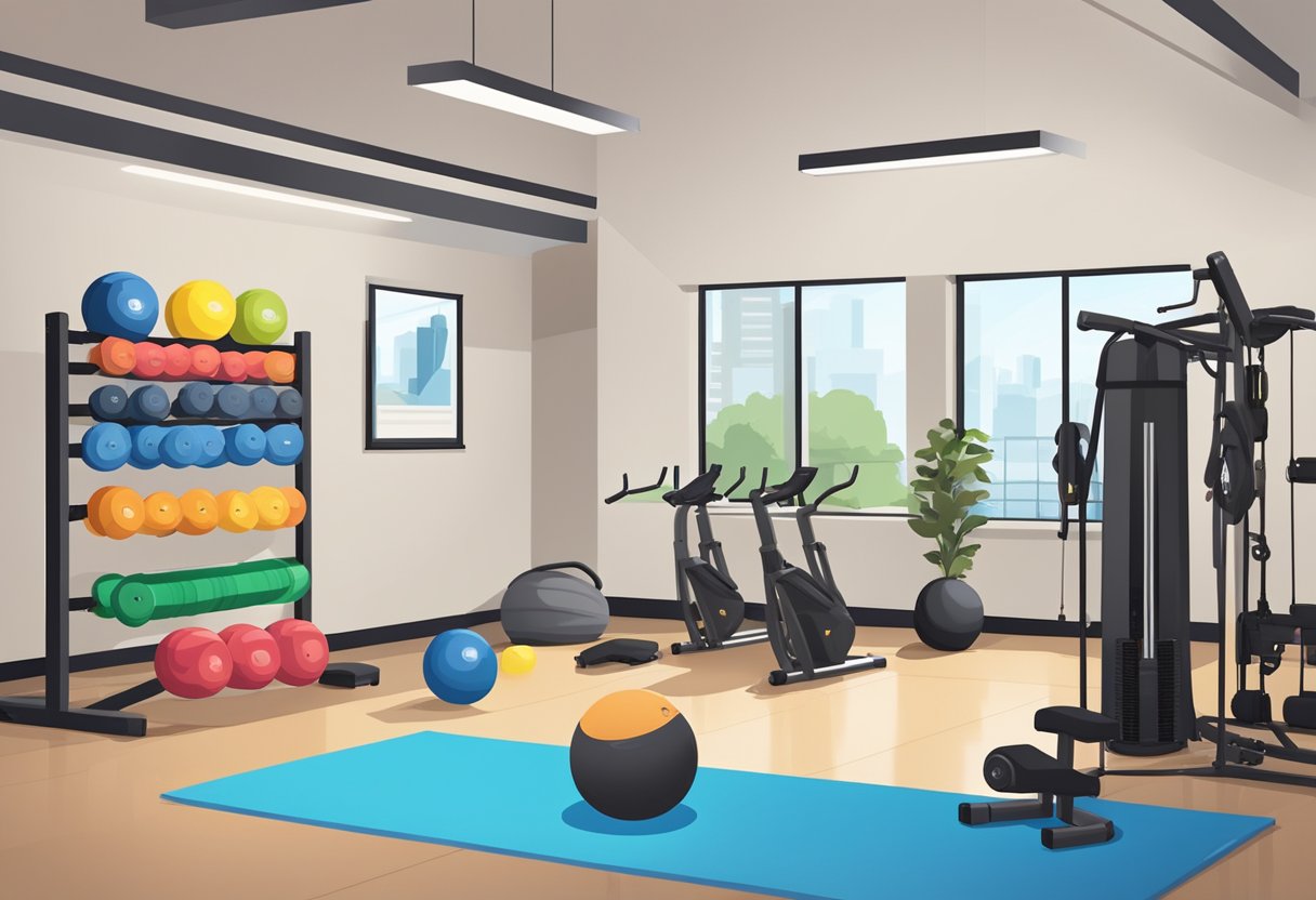 A gym setting with various equipment for core workouts, including exercise balls, resistance bands, and weights, with a motivational poster on the wall