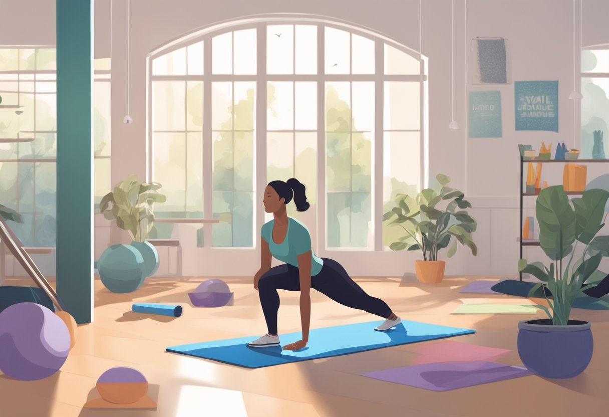 A person performing core strengthening exercises on a yoga mat in a well-lit gym, surrounded by fitness equipment and motivational posters