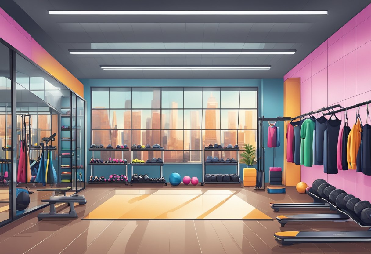 A gym with a variety of fitness apparel and accessories neatly displayed on shelves and racks. Mirrors line the walls, reflecting the bright, well-lit space