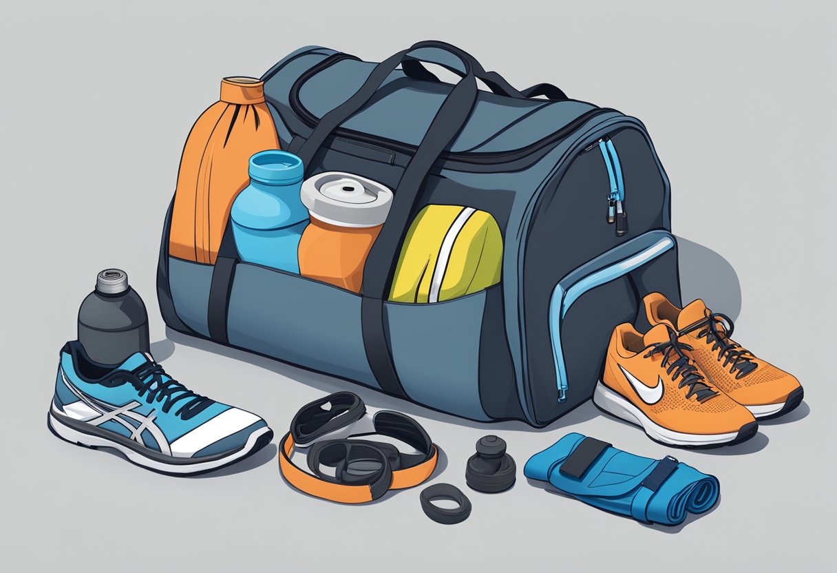 A gym bag filled with workout clothes, shoes, water bottle, resistance bands, and other fitness accessories laid out on a clean, organized surface